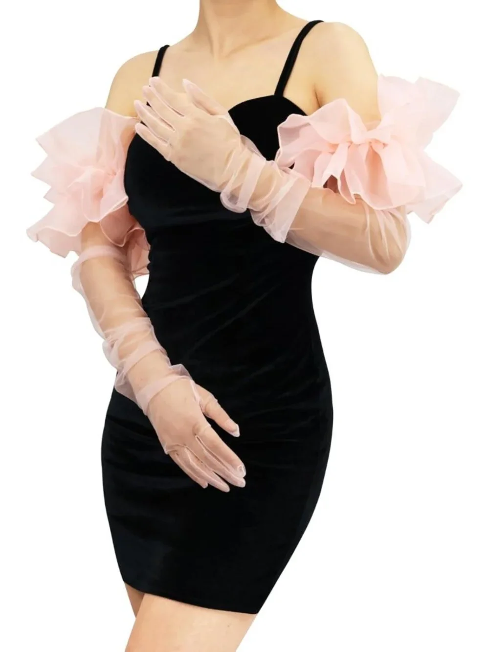 Oversized Sheer Long Tulle Mesh Gloves for Women - Elegant Fashion Accessory